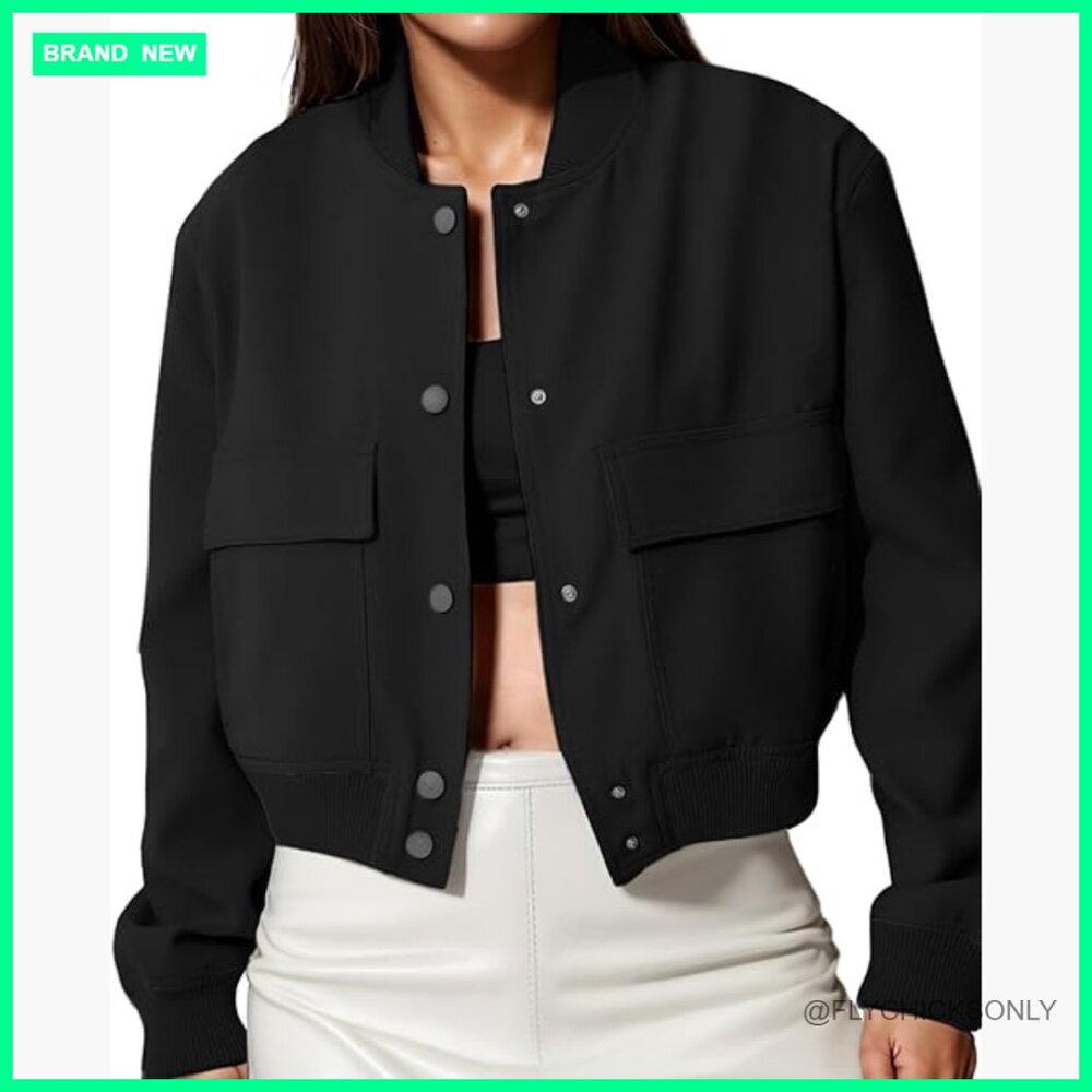 Polyester Cropped Bomber Jacket With Button Closu… - image 1